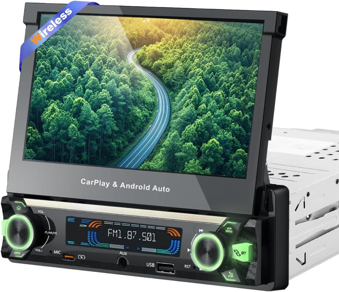 UpgradeY-METDRIVING Single Din Motorized Flip Out Touchscreen Car Radio with Wireless Apple Carplay& Android Auto,7 Inch Type-C Fast Charging Car Stereo with Bluetooth5.1/Backup Camera/AUX/FM/AM/DSP