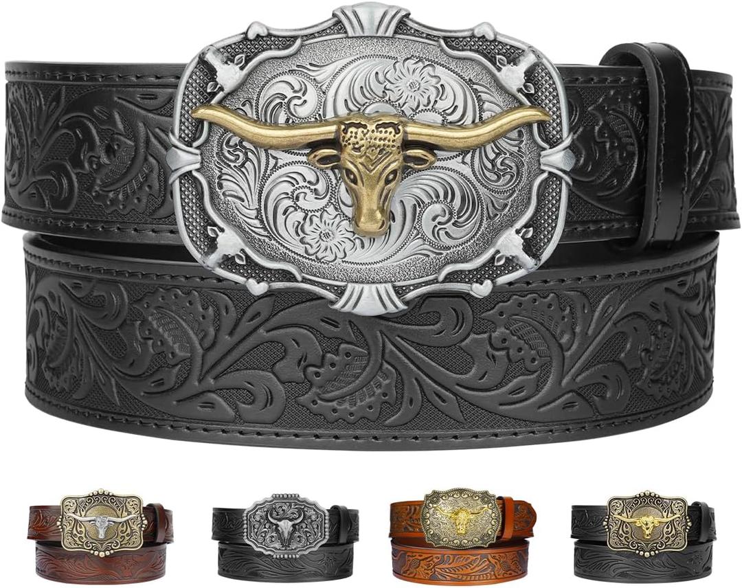 Leather Western Belts for Woman Men - Bull Buckle, Cowboy Cowgirl Country Embossed Belt for Jeans Women Mens Gifts (for 30"-34" waist)
