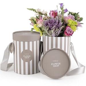 The Florist Supply Striped Flower Hat Box 2 Pack | Round Flower Boxes for Arrangements | Satin Ribbon Handle & Waterproof Liner | Gift Box for Flowers with Lids
