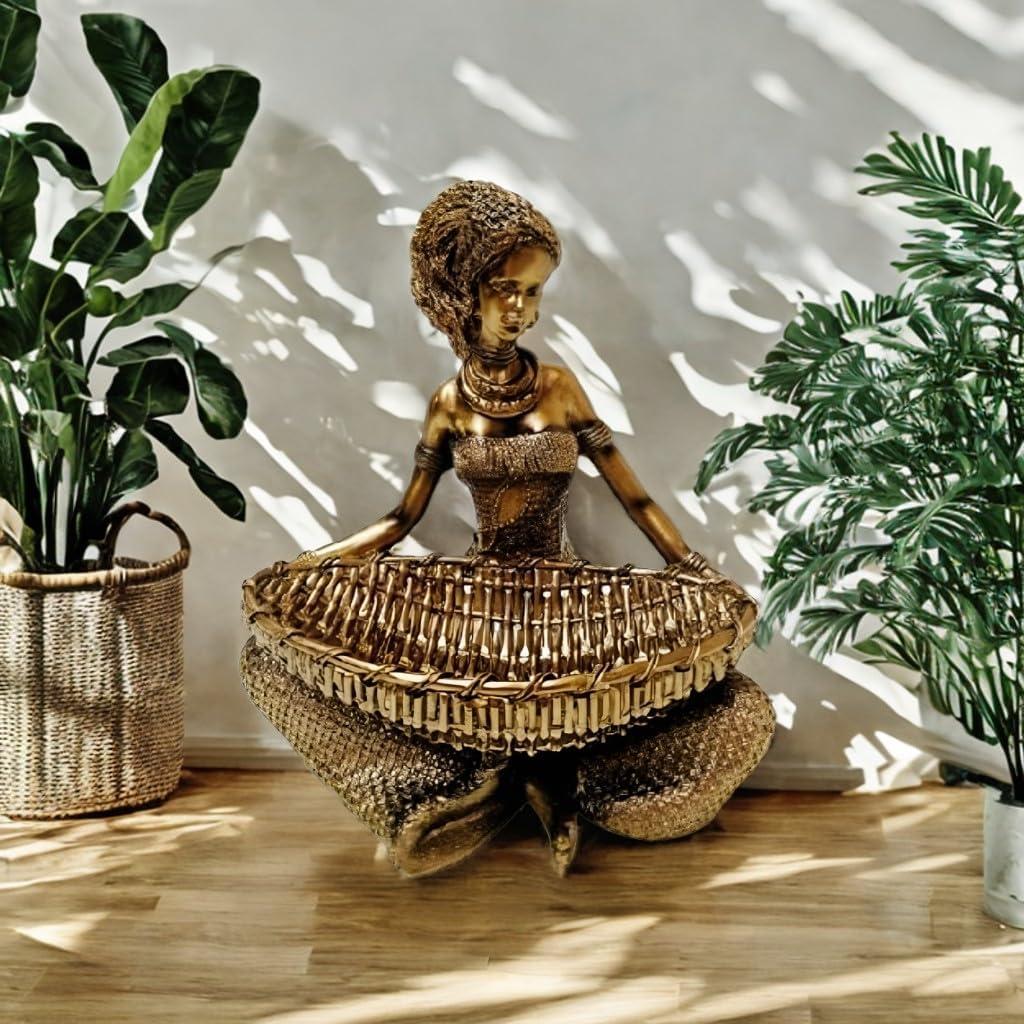 ICE ARMOR 7" H Seated African Holding Woven Basket Figurine Statue Sculpture Ornament Decoration Home/Room Decor and Gift Ideas for Housewarming, Holidays and Birthdays Great Collectible Addition