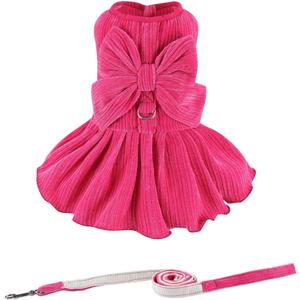 Dog Striped Dress,Pet Girl Bow Costume with Ring and Harness Leash,Dog Wedding Birthday Party Dress(Rose,Large)