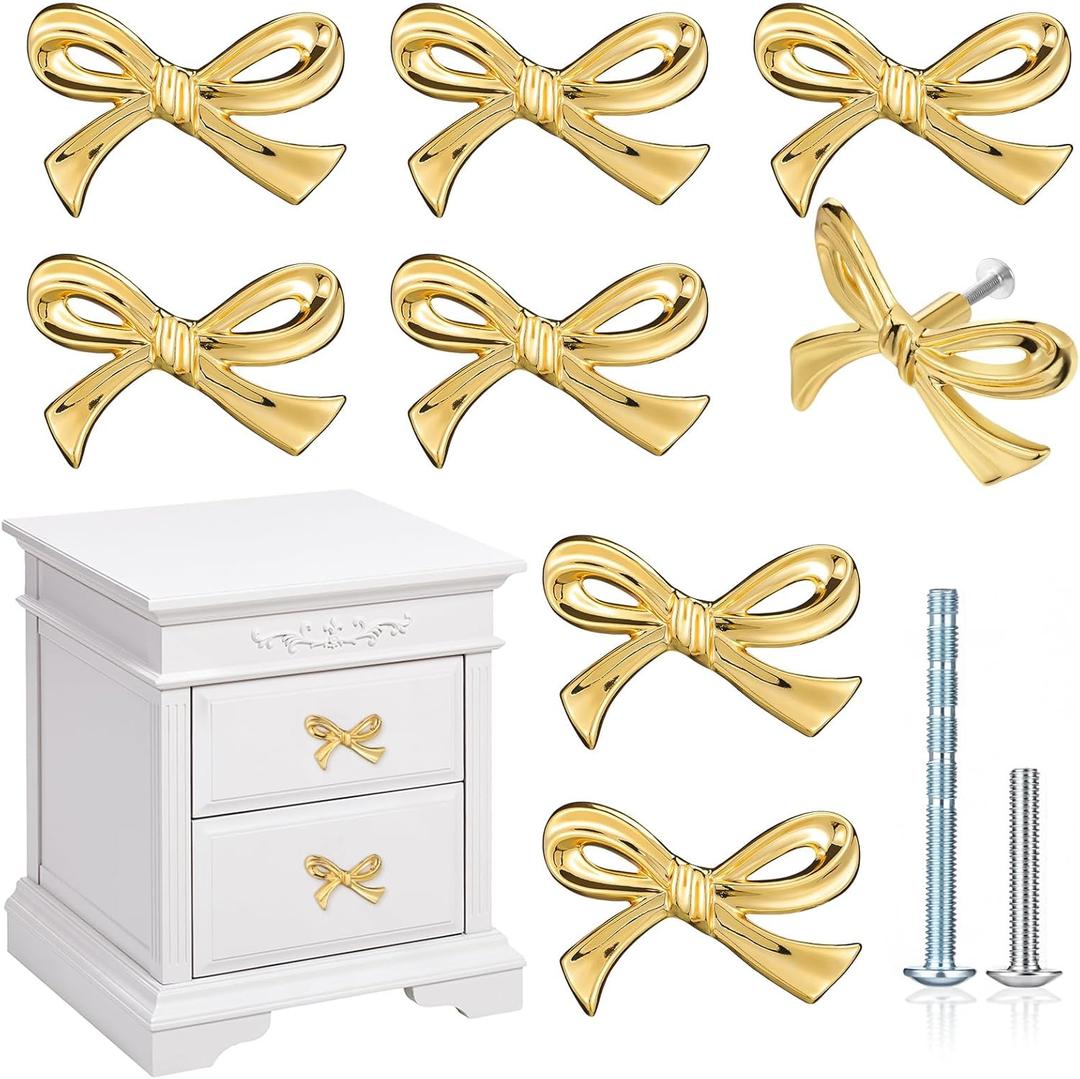 8 Pcs Gold Bow Drawer Knobs Brass Bow Knobs for Dresser Decorative Brass Drawer Pulls Vintage Cabinet Handles for Home Bedroom Kitchen Cabinets Hardware Cupboard (Small Size)