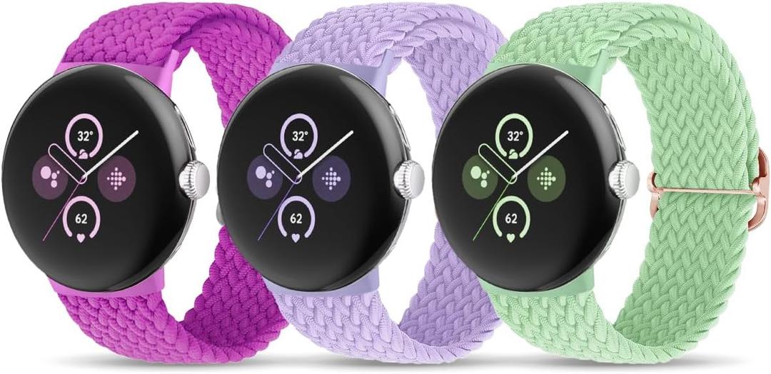 BlackPro Nylon Bands Compatible with Google Pixel Watch Bands/Google Pixel Watch 2/Pixel Watch 4/3 41mm Band for Women Men, Adjustable Stretchy Braided Straps with Upgraded Connector for Pixel Watch Bands (A#Pistachio+Lavender Purple+Pitaya)