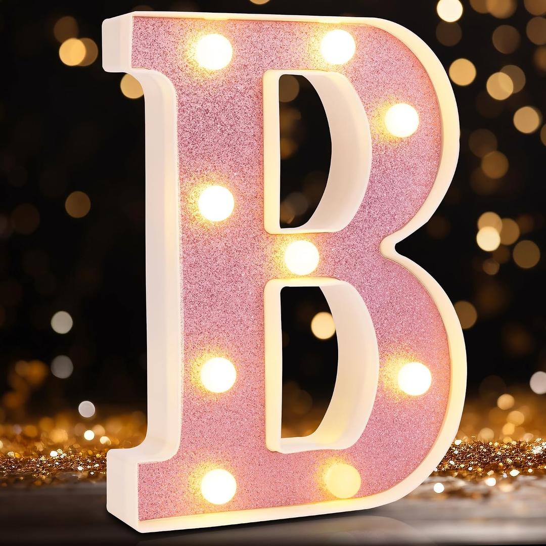 Small Led Marquee Letters, Light Up Letters, 8.58 Inch Led Letter Lights, Battery Powered Lighted Sign for Table, Party, Birthday, Christmas Decor (Pink Glitter, Letter B)