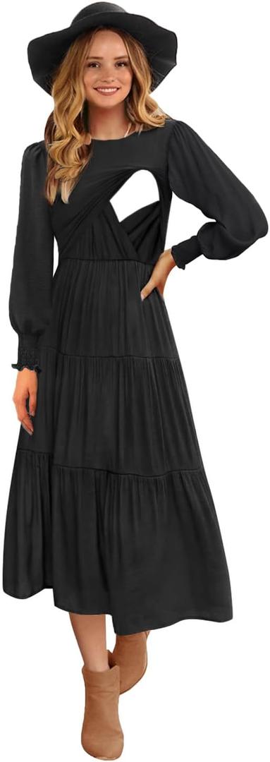 CzzzyL Womens Flutter Long Sleeve Smocked Tiered Nursing Dress for Breastfeeding with Pockets (Large, Black-09)