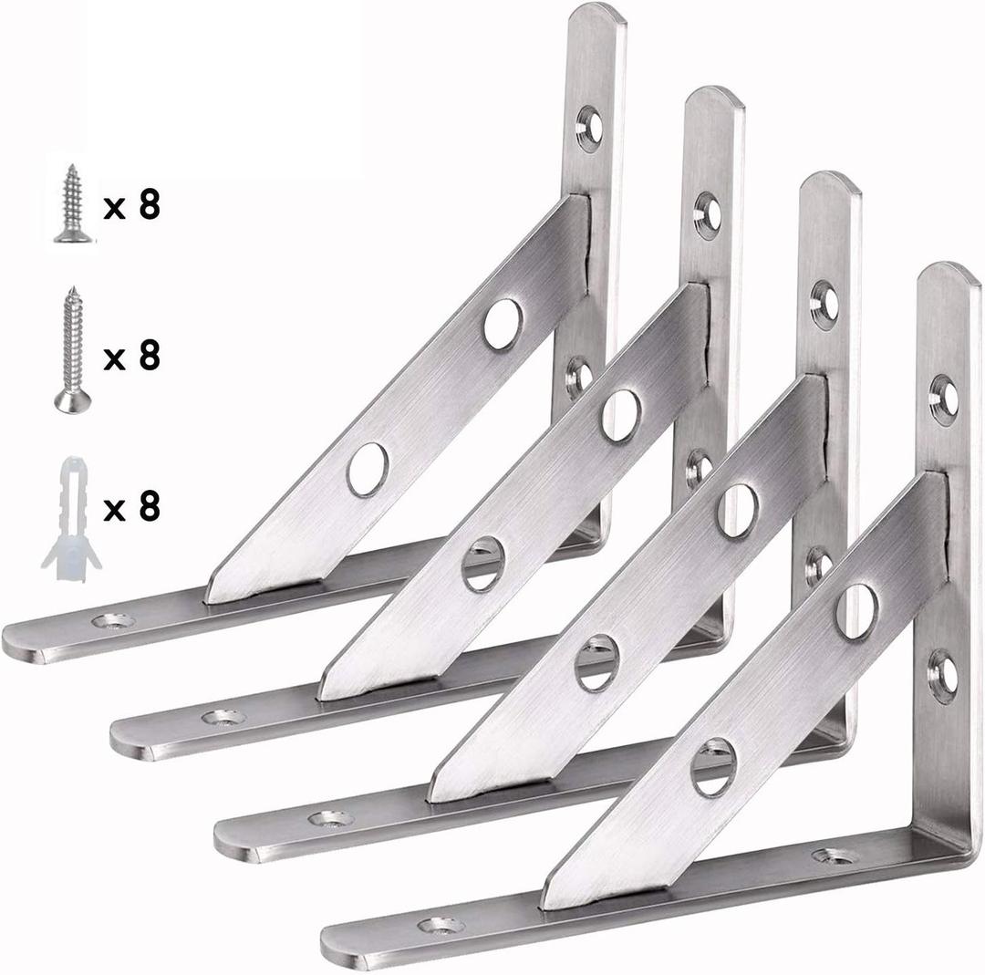 WSZDA Shelf Bracket, 4pcs of 6 x 4 inch/150mm x 100mm Stainless Steel Solid Corner Brace L Brackets, Heavy Duty Wall Brackets, Shelf Support Corner Brace Joint Right Angle Bracket