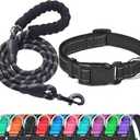Ladoogo Reflective Dog Collar Padded with Soft Neoprene Breathable Adjustable Nylon Dog Collars for Dogs (Large (Pack of 1), Black Collar+Leash)