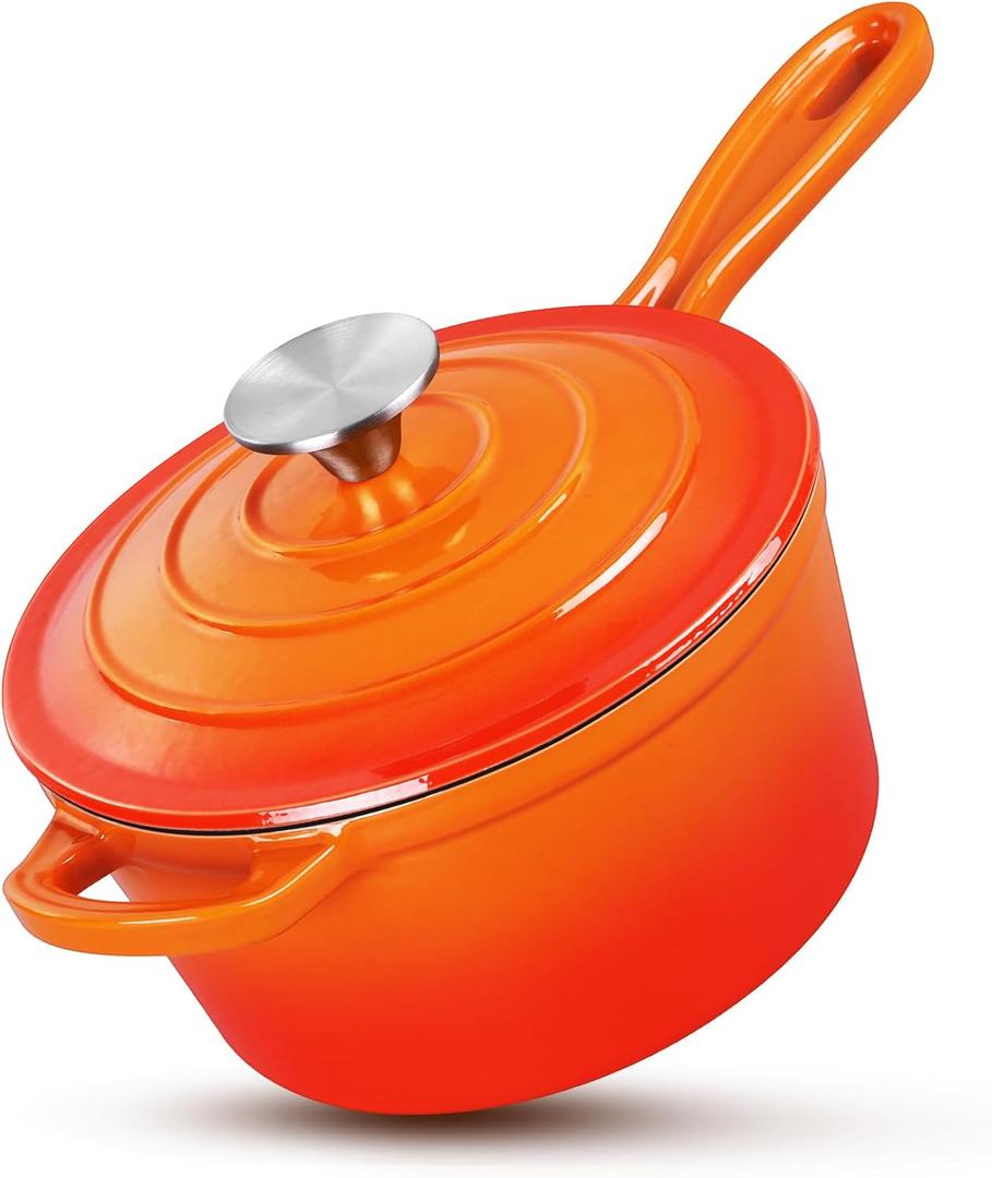 HaSteeL 1 QT Cast Iron Saucepan, Mini Enamel dutch oven with lid, Small Non Stick Pan for Milk, Pasta Tomato Sauce, Butter, Breakfast, Soup, Suitable for Boiling Stewing Frying, Easy to Clean, Orange