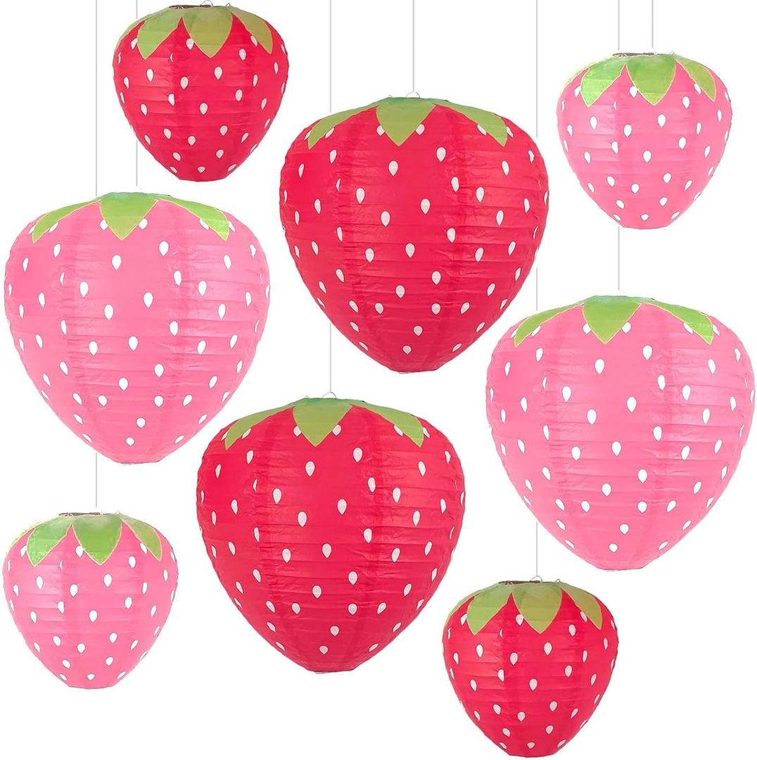 Strawberry Paper Lanterns, 8" & 12" Large Strawberry Hanging Lantern, Strawberry Hanging Decorations for Fruit Theme Birthday Party Decor(8 Pcs, Red&Pink) (Mix)