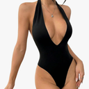 Milumia Women's Deep V Neck Halter Bodysuit Backless Slim Fit Sexy Top, L