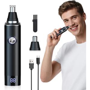 Ear and Nose Hair Trimmer for Men and Women with LED Display,USB Rechargeable Facial Hair Remover with Powerful Motor and Dual-Edge Blades,Painless, Easy Cleansing 14500 RPM (Black)