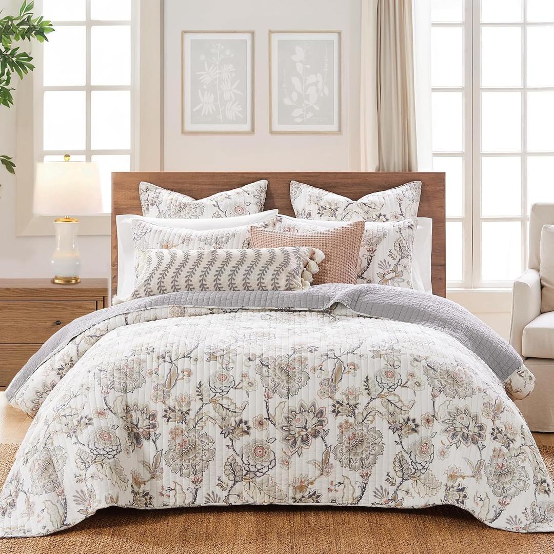 Levtex Home - Ophelia Quilt Set - King Quilt and Two King Shams - Floral - Taupe Grey Cream Blush - Quilt (106x92in.) and Shams (20x36in.) - Reversible - Rayon/Cotton, Quilt - King/Cal King