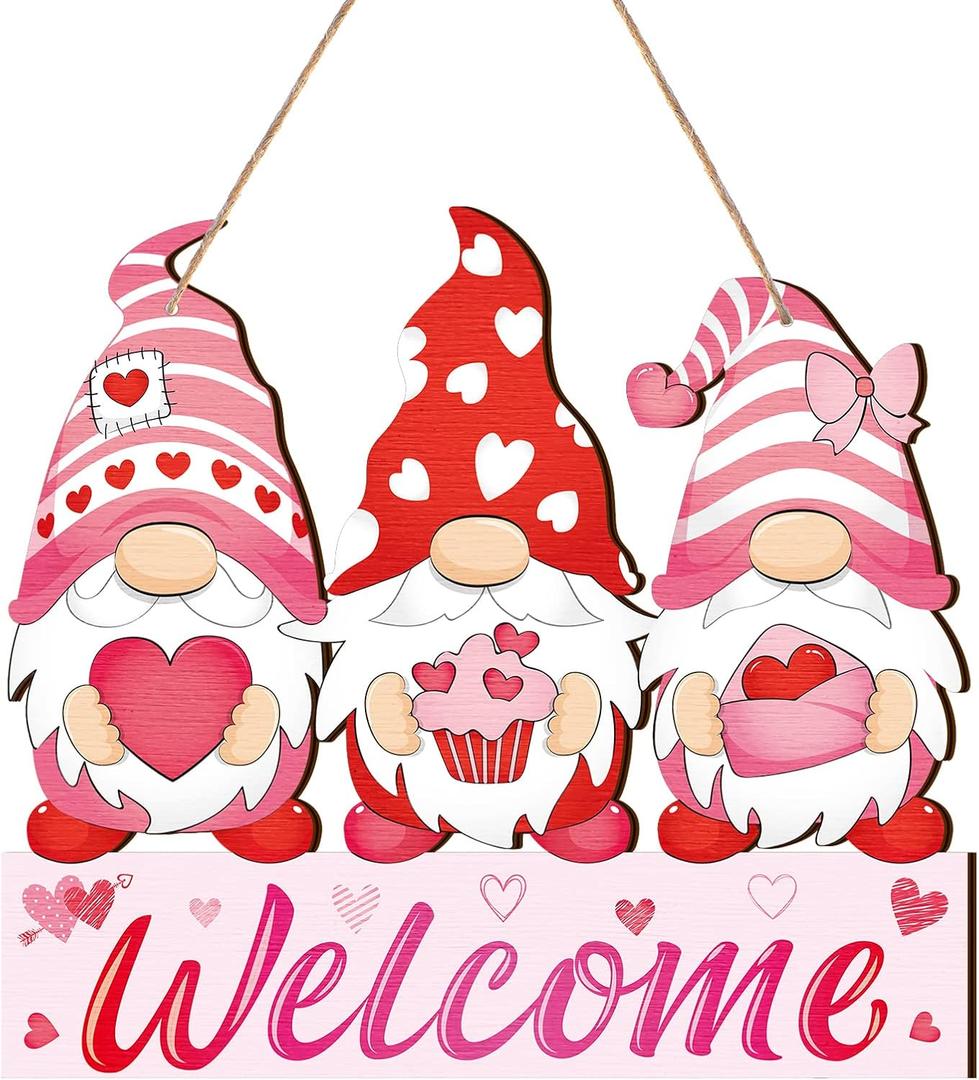 Panelee Valentine's Day Gnome Welcome Sign Valentines Hanging Wreath Sign for Front Door Decor Red Heart Love Decor Sweet Gnome Door Hanger for Home Wall Yard Indoor Outdoor Garden Window