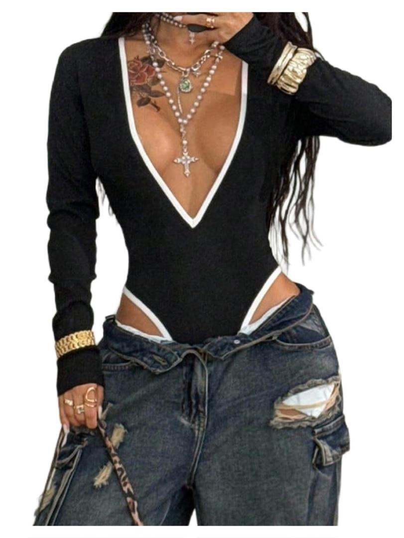 Milumia Women's Sexy Deep V Neck Long Sleeve Bodysuit Tee Tops