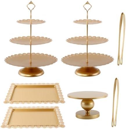 GMWD Set of 7 Gold Cake Stand Desserts Display Table Pedestals 3-Tiered Cupcakes Holder Serving Tray Decorative Weddings Birthdays Party Baby Showers Celebrations