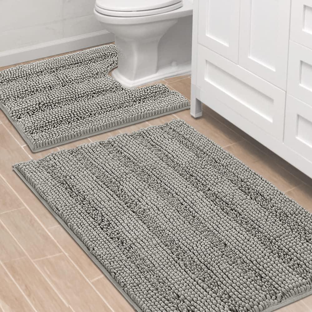 H.VERSAILTEX Bathroom Rugs Bath Rug Set 2 Piece Bathroom Contour Rug Toilet Mat Sets Non Slip Contour Bath Rug Ultra Thick Water Absorbent Striped Bath Mats Washable(36" x 24" Plus 20" x 24" U, Dove)