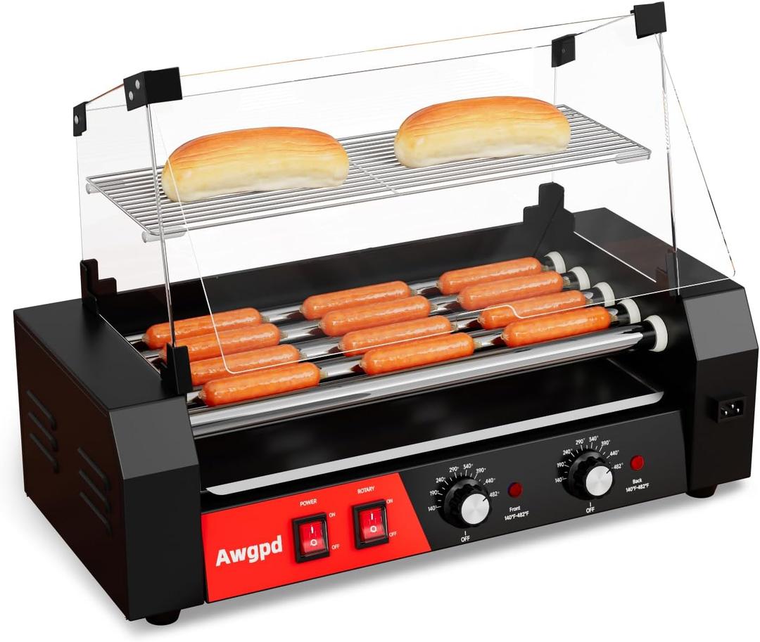 Hot Dog Roller 5 Rollers 12 Hot Dogs Capacity, 750W Stainless Sausage Grill Cooker Machine with Dual Temp Control Glass Hood Acrylic Cover Bun Warmer Shelf Removable Oil Drip Tray (5 Rollers)