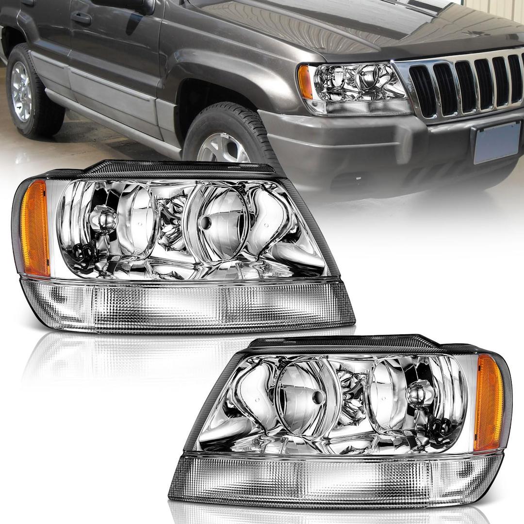 WEELMOTO Headlights Assembly Pair For 1999-2004 Jeep Grand Cherokee,Halogen Headlight Assembly Headlamp Replacement For 1999 2000 2001 2002 2003 2004 Jeep Grand Cherokee Chrome Housing+Amber Reflector