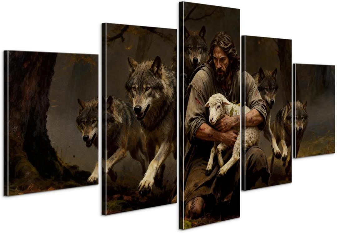 YOUHONG 5 Pieces Jesus and Lamb Canvas Christian Wall Art Religious Decor, 50"L x 24"W