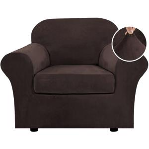 H.VERSAILTEX Rich Velvet Stretch 2 Piece Cover Chair Slipcover Sofa Cover Furniture Protector Couch Soft with Elastic Bottom Chair Couch Cover with Arms Width Up to 49 Inch (Chair,Brown)