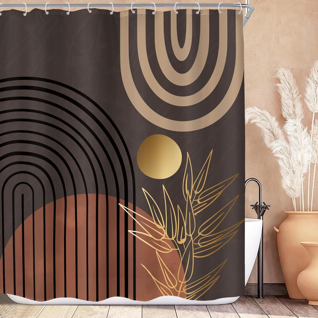 KOMLLEX Dark Brown Abstract Boho Shower Curtain for Bathroom Decor 60Wx72H Minimalist Aesthetic Mid Century Modern Shower Curtain Tan Palm Leaves Simple Fabric Waterproof Polyester 12 Pack Hooks (A1-black Brown)