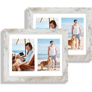 Hongkee 8.5x11 Picture Frame Set of 2, Distressed White Certificate Document Frames with Glass Collage Frame, Display Pictures Two 5x7 With Mat or 8.5 x 11 Without Mat, Photo Frames Wall Gallery