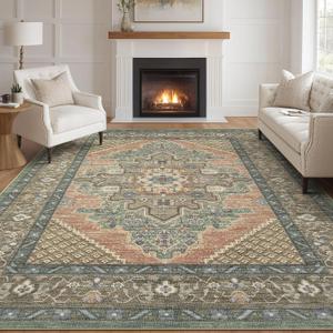 Tortania Area Rug Living Room Rugs - 10x14 Washable Boho Rug Vintage Oriental Distressed Farmhouse Large Thin Indoor Carpet for Living Room Bedroom Under Dining Table Home Office - Sage Terracotta