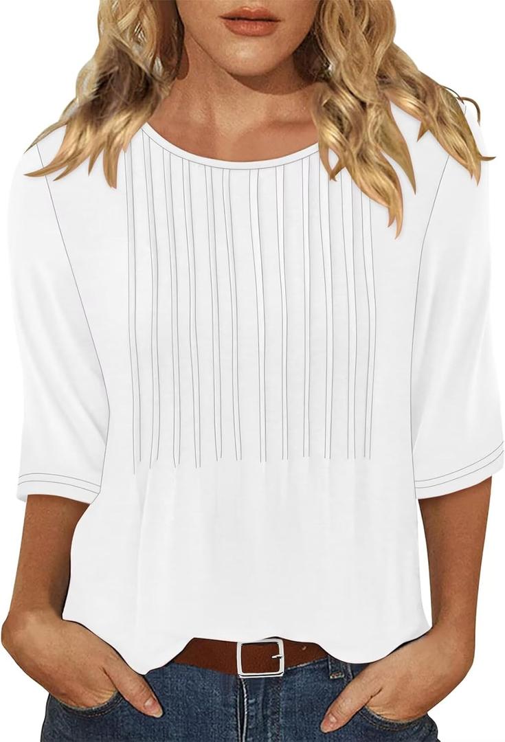 KISSMODA Tunic Tops for Women Loose Fit Dressy Round Neck Pleated 3/4 Length Sleeve Spring Tops (Large, B White)