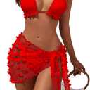 Blooming Jelly Womens 3 Piece Swimsuits Triangle Halter Thong Bikini Set Butterfly Bathing Suits Sarongs, Small, Red