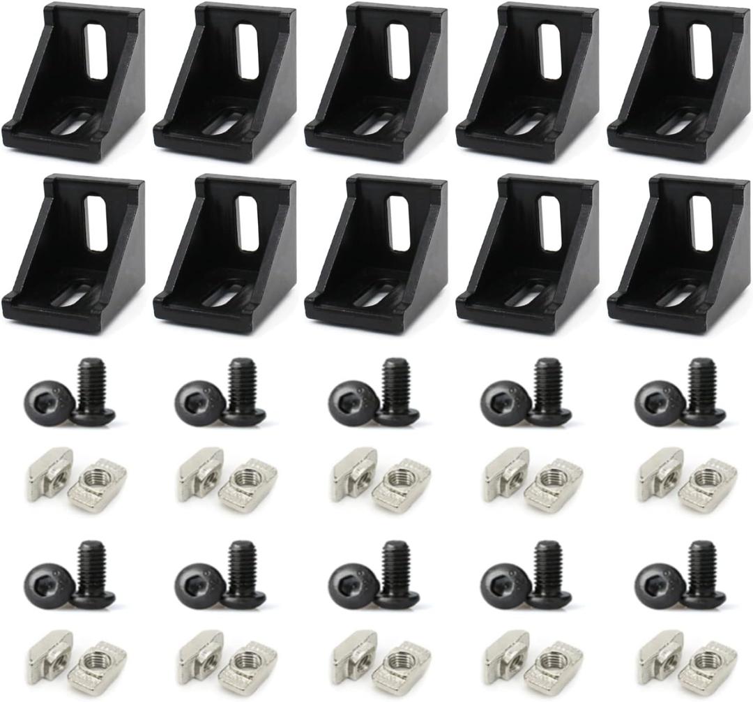 10 Sets 1.5" x 1.5" 1515 Series Aluminum Extrusion Profiles Connector Black Bracket, 10pcs 1.5 in Bracket with T Nuts Screw Bolts for 1.5 Inches Extrusion Profile Rail