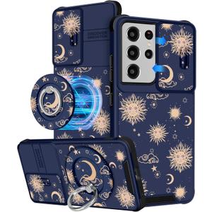 Buleens for Samsung Galaxy S21 Ultra Case 6.8 Inch - with Ring Stand & Camera Cover Aesthetic Cute Designed Women Girls Girly Sun Moon Stars for Samsung S21 Ultra 5G Case Compatible with Magsafe