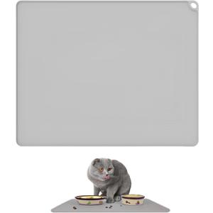 Silicone Pet Food Mat, 28×22 Inch Waterproof Dog Cat Feeding Mat with Non-Slip Bottom, Leak-Proof Edges, Easy to Clean(Grey)