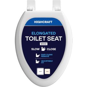 HIGHCRAFT Premium Elongated Toilet Seat with Slow-Close Design, Adjustable Hinges & Quick Removal Mechanism - Molded Wood Toilet Seat - Fits Standard Elongated Toilets - Oval Seat in White
