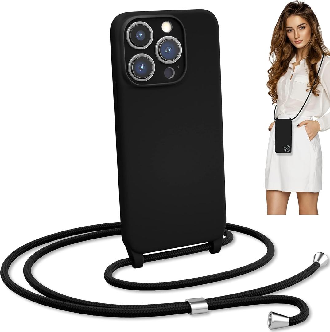 Blaspins Crossbody Lanyard Strap Case for iPhone 16 Pro, Hands-Free Neck Cross Body Wrist, Adjustable Rope Removable, Drop Protection Shockproof Silicone Case 6.3 inch, 160 cm Strap, iP16Pro - Black