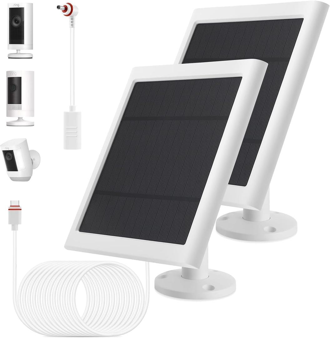 IP65 Solar Panel Outdoor for Ring Cameras (White 2P) Spotlight Cam Plus/Pro(Battery) Stick Up Cam/Pro Wireless Outdoor with 10FT/3M Long Cable Dustproof Waterproof