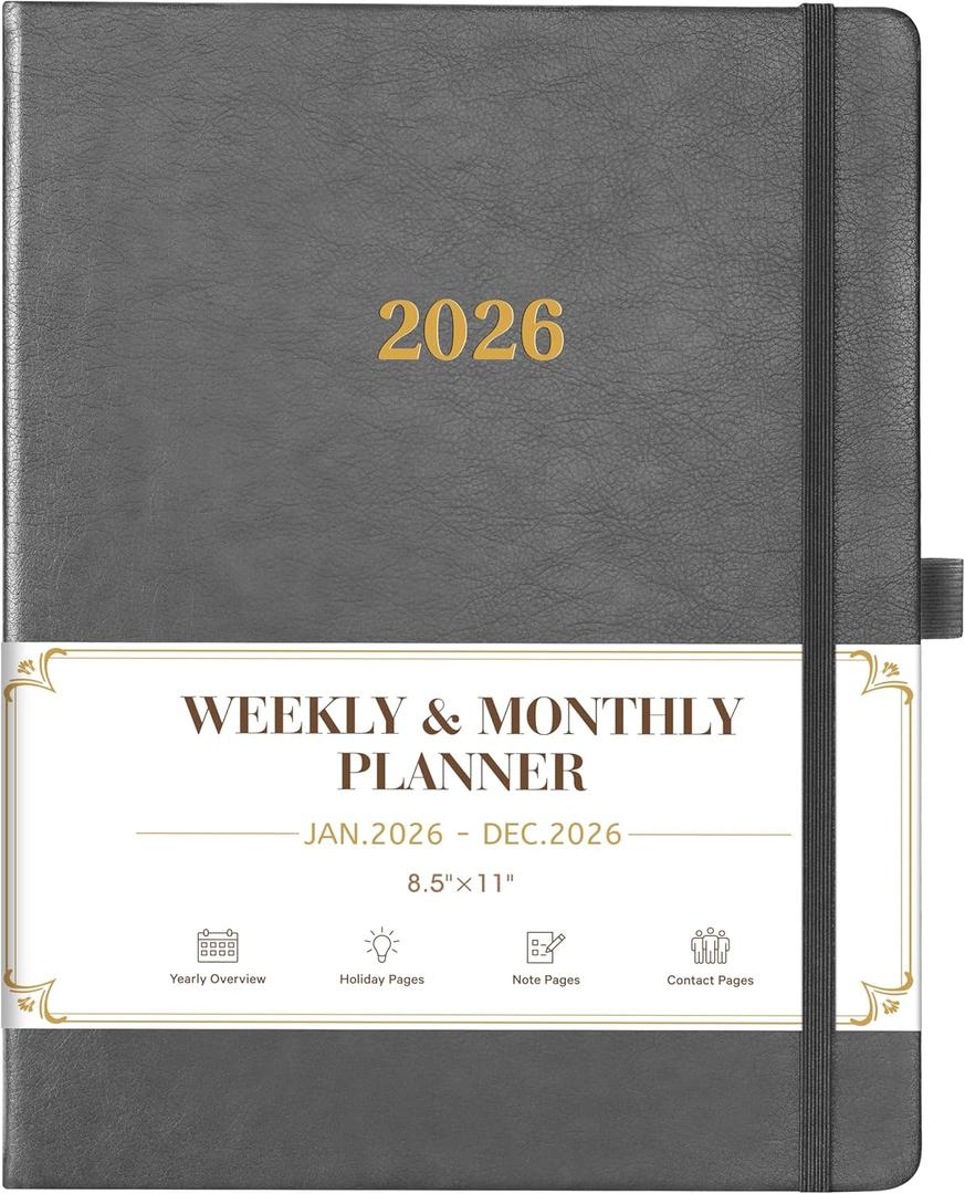 2026 Planner - Weekly and Monthly Planner 2026, 8.5"x11", Jan.2026 - Dec.2026, Leather Hardcover, 12 Monthly Tabs, Pen Loop, Elastic Closure, Pocket, Grey, 4 Pack