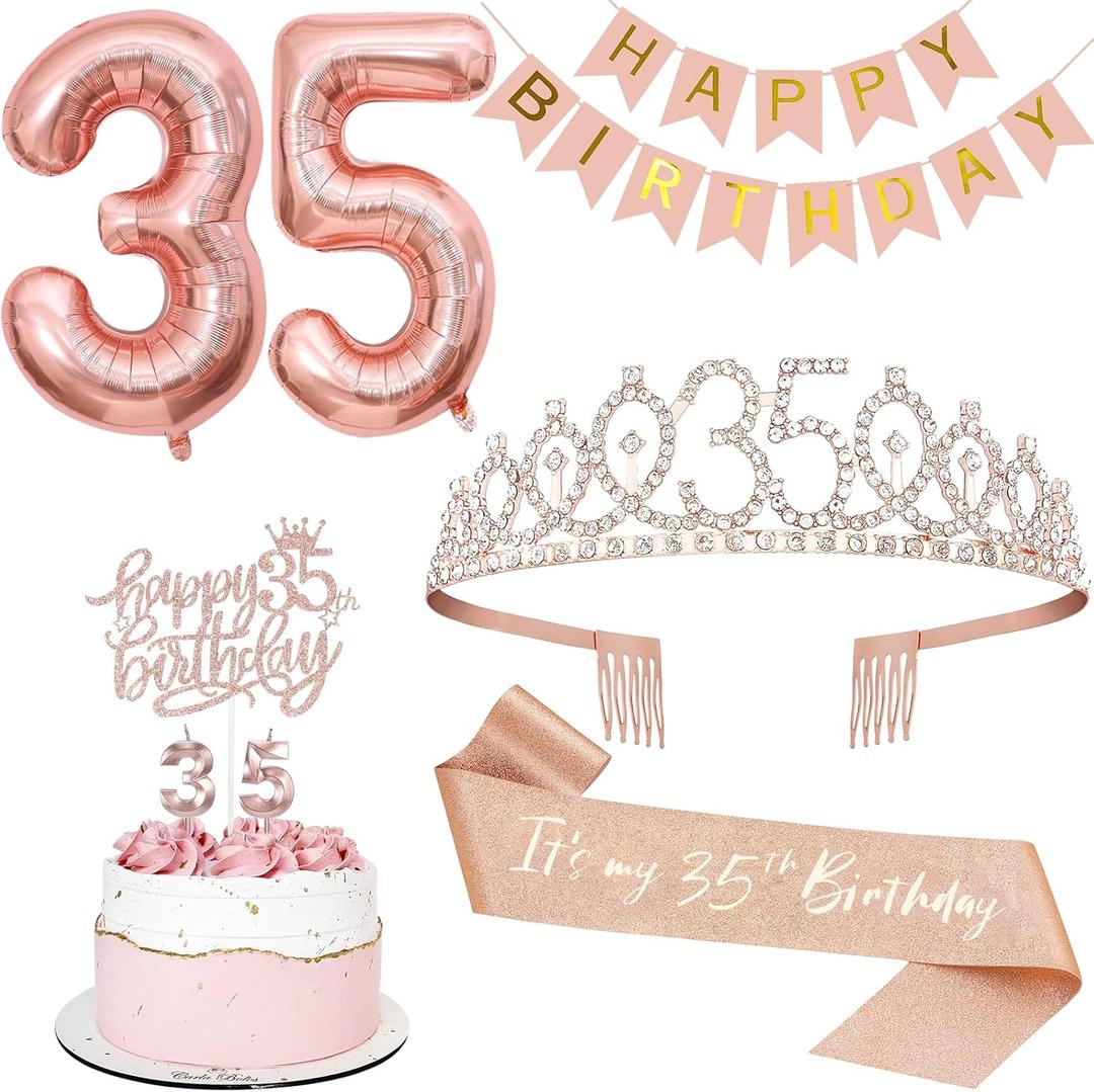 35th Birthday Decorations for Women, Including 35th Tiara and Sash, Happy Birthday Banner, Cake Toppers, Number Candles and Balloons Set, Rose Gold 35th Birthday Decorations for Women, Including 35th Tiara and Sash, Happy Birthday Banner, Cake Toppers, Number Candles and Balloons Set, Rose Gold