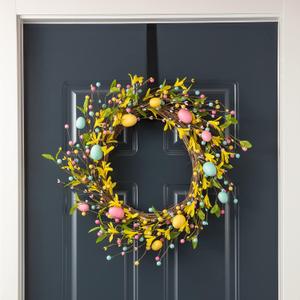Glitzhome 22" D Easter Wreath with Easter Eggs Berries and Forsythia for Front Door Wall Window Spring Easter Garland with Colored Eggs Berries Holiday Decoration (Yellow)