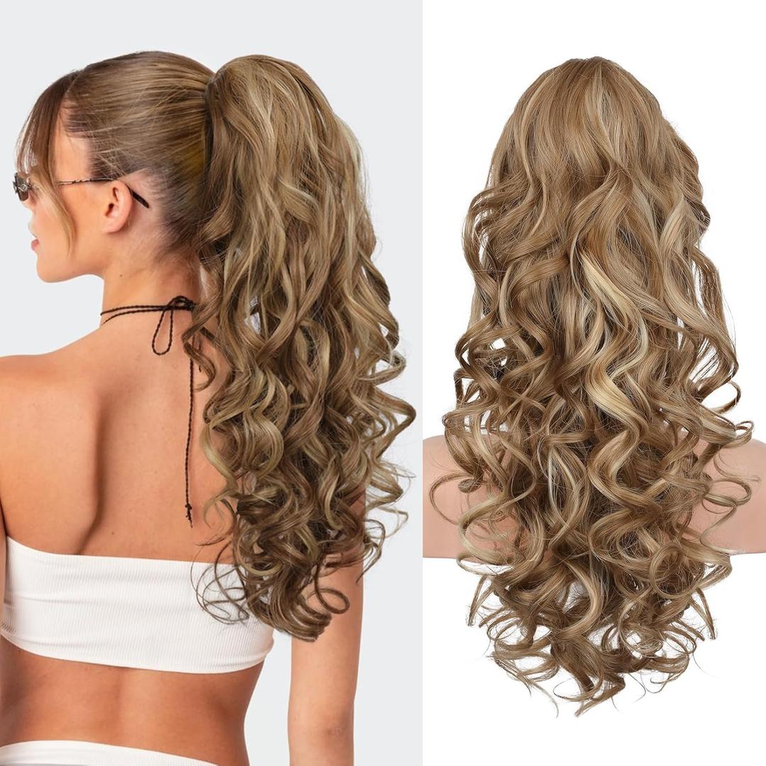 REECHO Ponytail Extension, 20 Claw Clip Ponytail Extension Curly Clip in Ponytail Long Pony Tails Hair Extensions for Women Fluffy Natural Looking Synthetic Hairpiece, Light Brown with Highlights