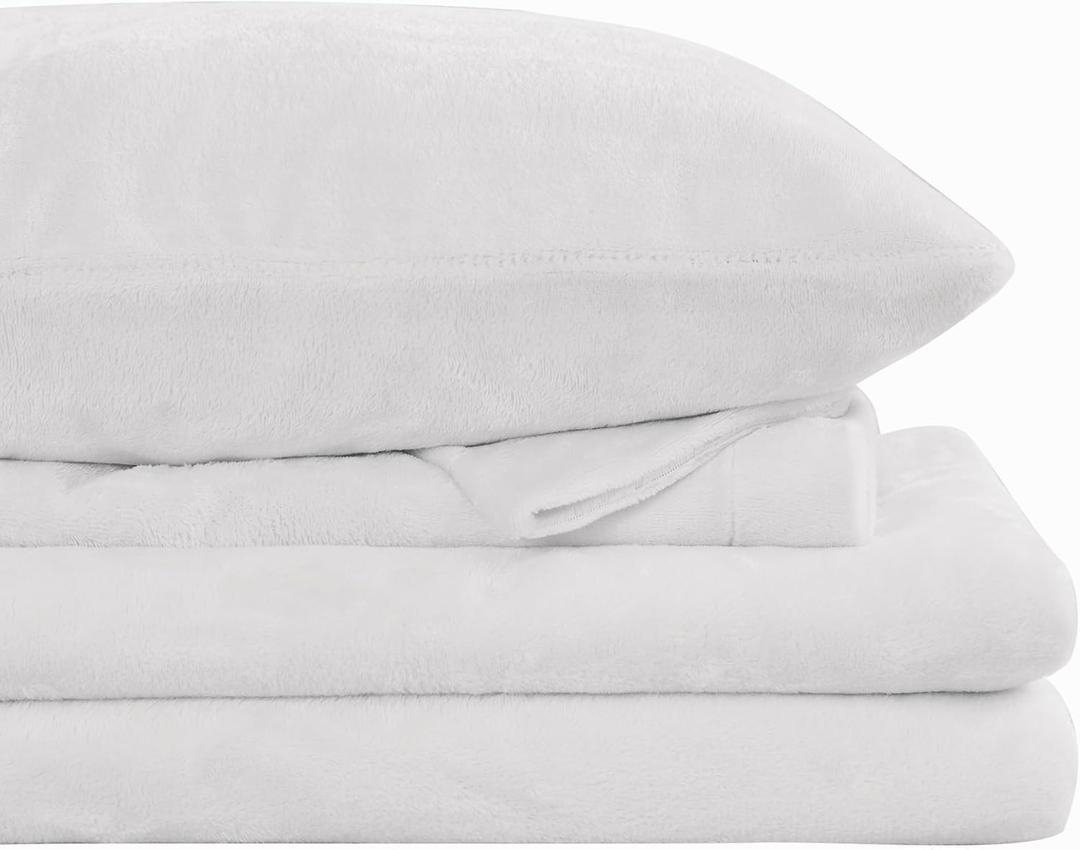 Viviland Plush Micro Fleece Queen Bed Sheet Set - Soft Fuzzy Polar Fleece Velour Velvet Sheets - Extra Warm Winter Fleece Bed Sheets with Deep Pocket - White - Queen