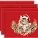 Christmas Wreath Cat Pine Cones Placemats Set of 4, 12 x 18 mas Watercolor Rustic Red Table Mat Decor, Seasonal Winter Table Decors for Christmas Dining Kitchen Holiday Party. (070)