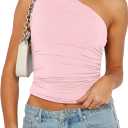 Womens Going Out Tops Crop Tank Top One Shoulder Shirts Basic Sexy Ruched Slim Fit Y2K Sleeveless Tee Summer Workout Fashion Tshirt Cute Clothing 2024 Cami Pink, Medium