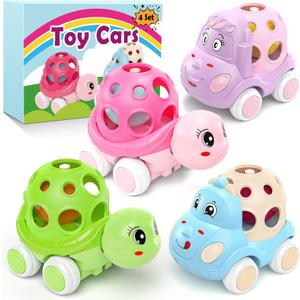 4 Set Toy Cars for Toddler Girl, Toddlers Push Car Toys Pink, Rattles Push and Go Truck, Birthday Presents for Twin Girls 3 + Year Old Twins Gift Ideas