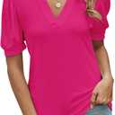 Romanstii Women Casual V-Neck T-Shirts Loose Puff Short Sleeve Tops Tunic Blouses (Pink, XL)