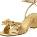 ISNOM Women's Bow Knot Heeled Sandals Ankle Buckle Strap Open Toe Block Chunky Heels Bride Wedding Party Fashion Heel (8, Gold)