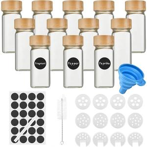 Set of 36 Square Spice Jars With Bamboo Lid 120 ml Glass Shaker Storage Jars Kitchen With Funnel Stickers Cleaning Brush