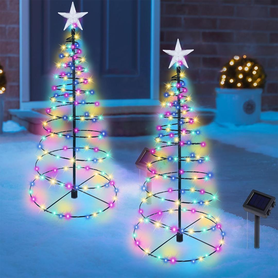 Dynaming 2 Pack Solar Spiral Christmas Trees with Multicolor Lights, 26" Outdoor Light Up Xmas Pathway Markers with Stake, Auto On/Off & Waterproof Lights for Winter Patio Yard Walkway Driveway Decor