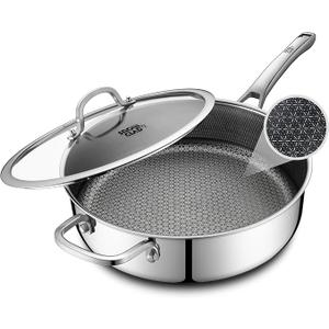 Frying Pan Nonstick with Lid,Hybrid Non Stick 5 Quart Saute pan,PFOA Free Cookware,Stainless Steel skillet,12 inch Deep Saute Pan,Dishwasher&Oven Safe,Works on All Cooktops