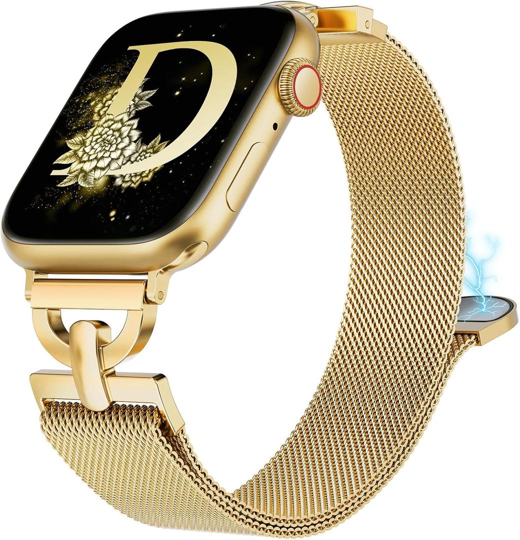 Stainless Steel Magnetic Loop Compatible with Apple Watch Band 42mm 44mm 45mm 46mm 49mm Women Metal Mesh D-shaped Clasp Strap for iWatch SE Series 10/9/8/7/6/5/4/3/2/1/Ultra(1/2) Gold