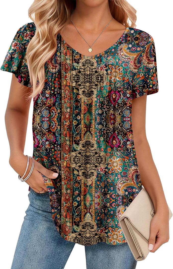 Zeagoo Women Tops Summer Ruffle Short Sleeve Shirts V Neck T Shirts Pleated Tunic Tops Work Blouses Business Outfits (XXL)